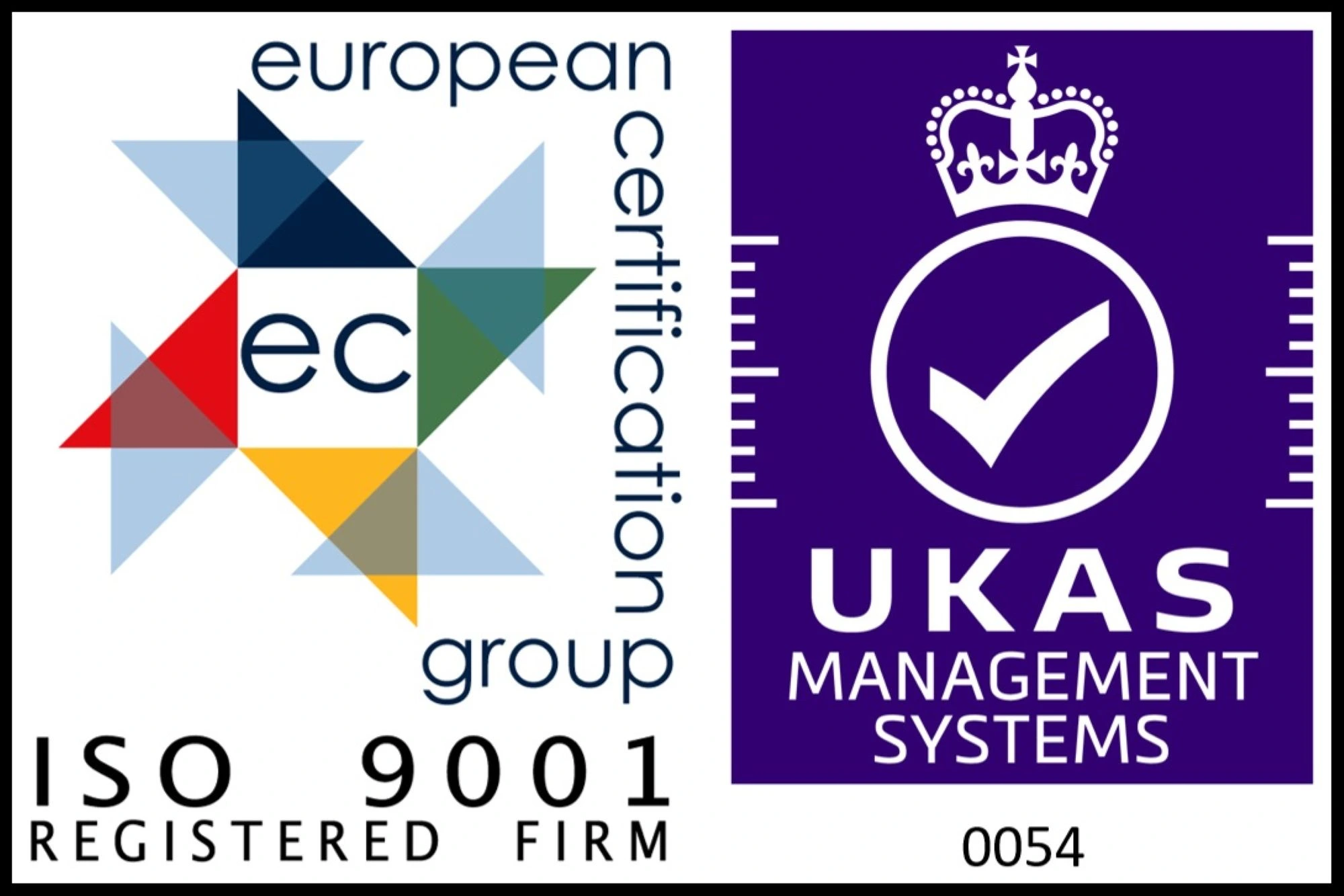 ISO 9001 European Certification Group and UKAS Management Systems accreditation logos.