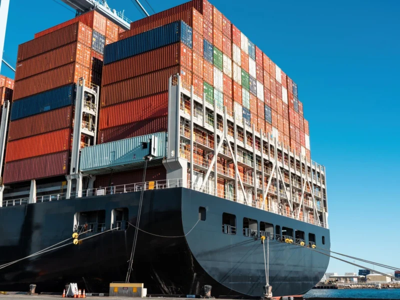 A massive cargo ship docked at a port, towering over the pier with hundreds of multicolored shipping containers stacked high on its deck under a clear blue sky.