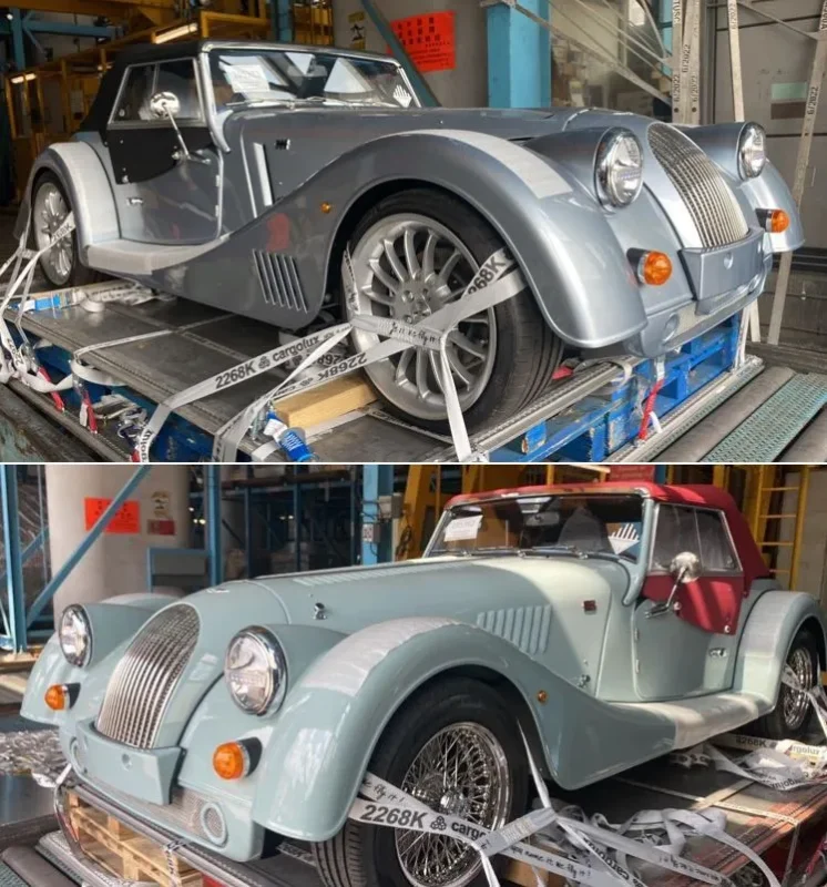 A two-part vertical collage showing two different classic-style Morgan sports cars strapped onto shipping pallets for air freight.