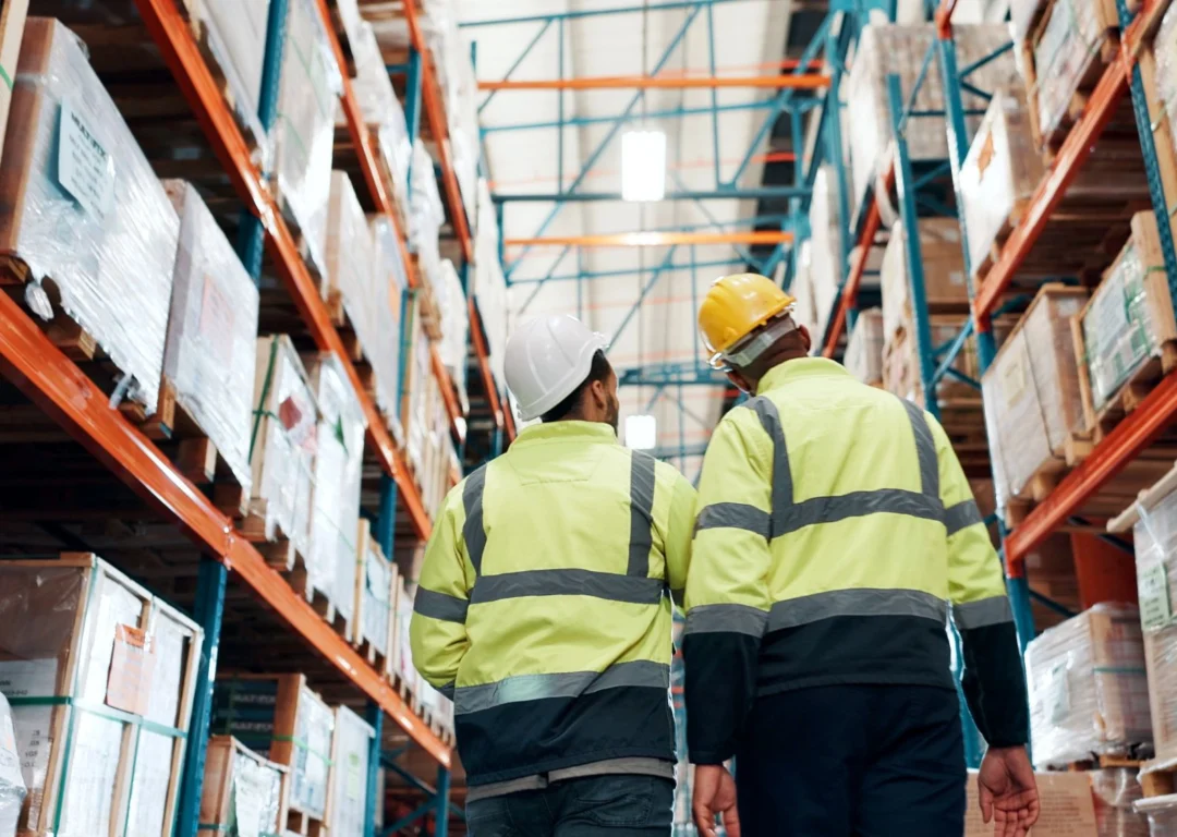 Two warehouse workers in high-visibility jackets and hard hats walking down an aisle of tall storage racks filled with pallets.